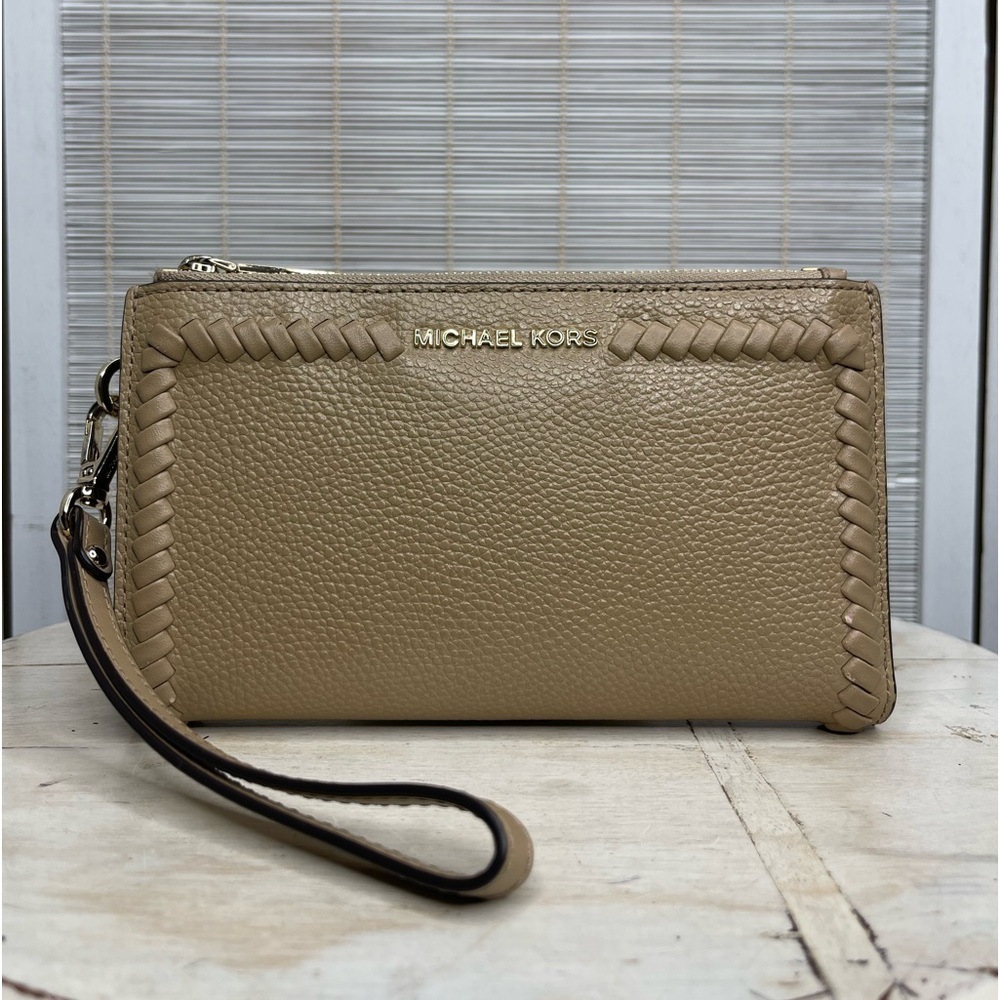 Michael Kors Jet Set Tan Leather Double Zip Braided Edge Wallet Wristlet